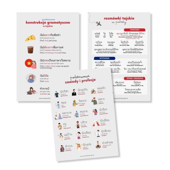 Wkładki język tajski, plansze do nauki tajskiego, nauka języka tajskiego, słówka tajskie, wkładki do nauki tajskiego