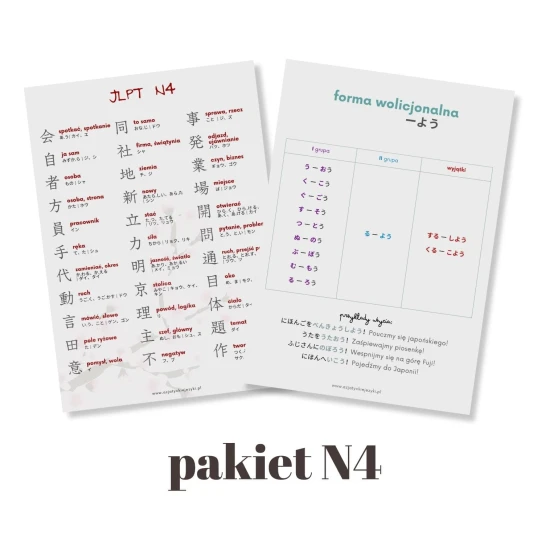 Wkładki japońskie - poziom N4, plansze do japońskiego, japońskie plansze językowe, nauka japońskiego poziom n4
