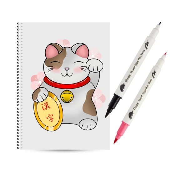 Dwustronne brushpeny do kaligrafii + zeszyt Maneki neko