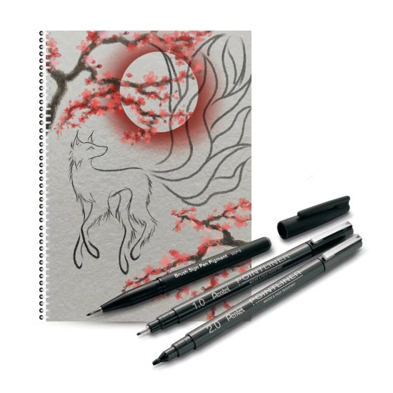Zeszyt kitsune + cienkopisy manga, brushpeny manga, cienkopisy do japońskiego, pisanie po japońsku, azjatyckie brushpeny
