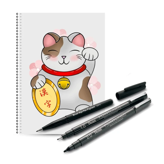 Zeszyt maneki neko + cienkopisy manga, brushpeny manga, cienkopisy do japońskiego, pisanie po japońsku, azjatyckie brushpeny