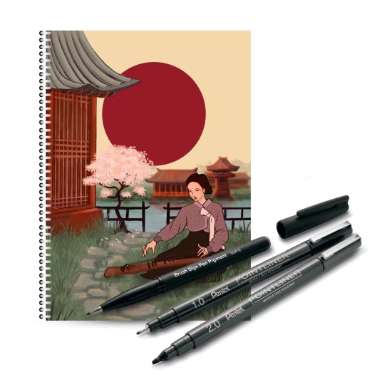 Zeszyt japonka + cienkopisy manga, brushpeny manga, cienkopisy do japońskiego, pisanie po japońsku, azjatyckie brushpeny