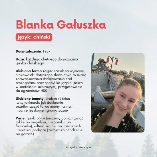 Lekcje indywidualne - Blanka: lekcje chińskiego, korepetycje z języków azjatyckich