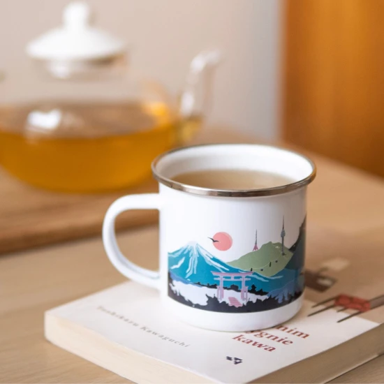 metalowy kubek z motywem azjatyckim, kubek metalowy Azja, azjatyki kubek do kawy i herbaty