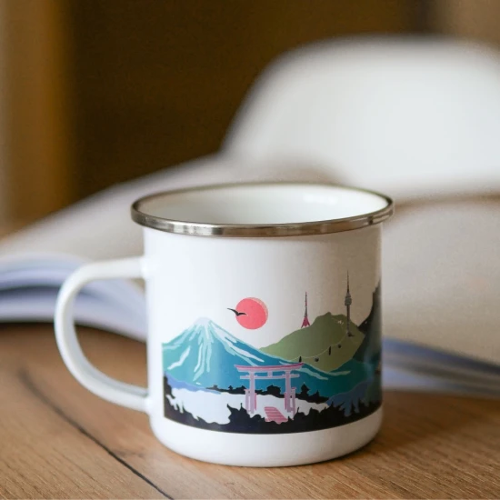 kubek metalowy emaliowany Azja, azjatycki kubek metalowy, azjatycki kubek emaliowany, kubek z azjatyckim motywem