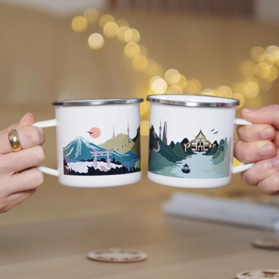 metalowe emaliowane kubki Azja, azjatyckie kubki, kubki z motywem azjatyckim, azjatyckie kubki do kawy i herbaty