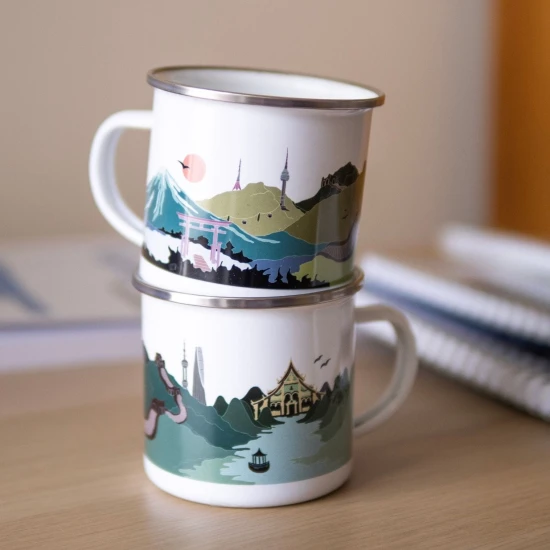 kubek metalowy emaliowany Azja, kubek metalowy z motywem azjatyckim, azjatycki kubek, kubek emaliowany Azja