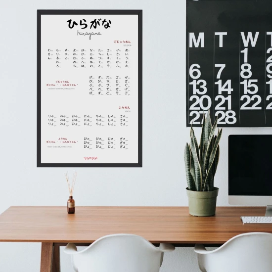 plakat hiragana, japoński plakat hiragana, plakat hiragana do nauki japońskiego, japońskie znaki hiragana