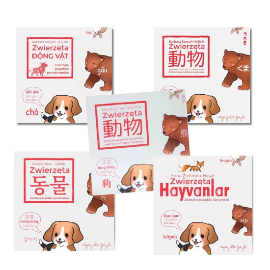 Zwierzaki - zestaw książek dla dzieci, okładki książek, języki azjatyckie dla dzieci