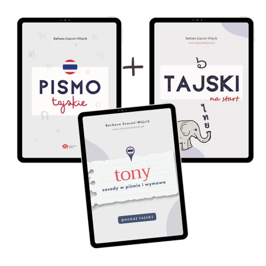 Zestaw e-book Pismo tajskie + e-book Tajski na start 6 + e-book Tajski - tony, zasady w piśmie okładki e-booków
