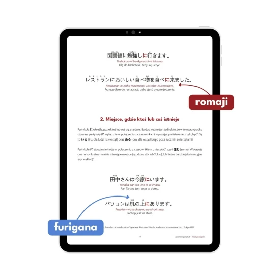 E-book partykuły w języku japońskim - ni, de zawartość, japońska gramatyka, wersja z furiganą i romaji