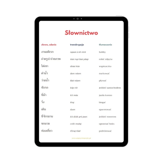 Ebook tajski z ćwiczeniami - słownictwo z kategorii hobby spis słówek, e-book do nauki tajskiego