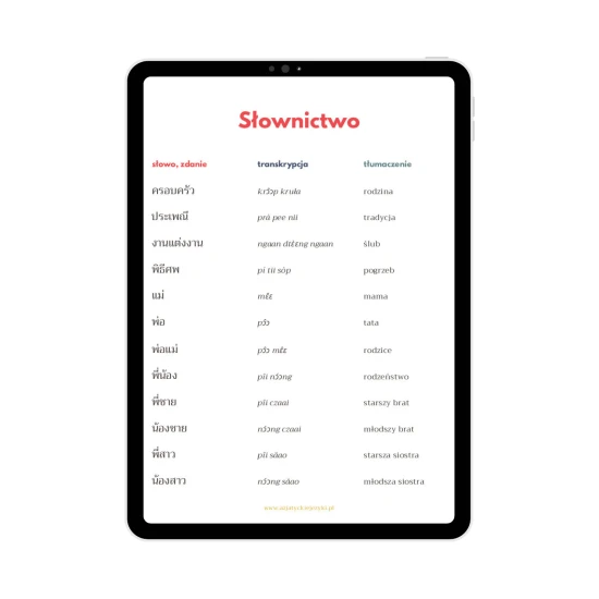 Ebook tajski z ćwiczeniami - słownictwo z kategorii rodzina lista słówek, tajski dla początkujących