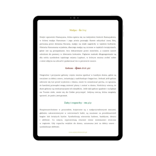 Ebook tajski z ćwiczeniami - słownictwo z kategorii zwierzęca symbolika przykładowa strona, tajski od podstaw