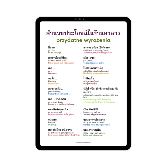 Mini ebook - kuchnia tajska przykładowa strona, słownictwo, tajski od podstaw