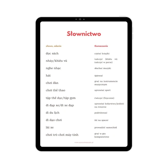 E-book słówka wietnamski Hobby i czas wolny słownictwo, nauka wietnamskiego od podstaw