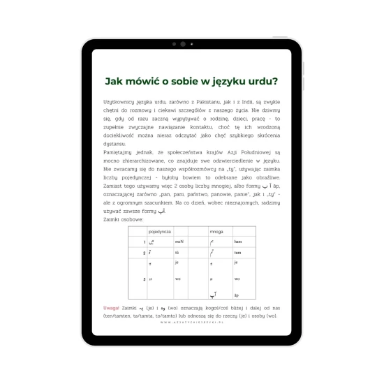 Mini ebook - Jak opowiadać o sobie w urdu przykładowa zawartość, urdu od podstaw